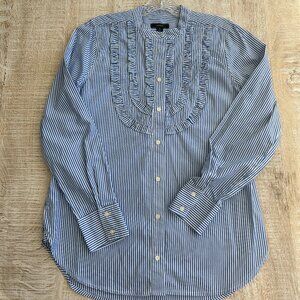J. Crew blue/white pin-stripe pleated ruffle bib button down top blouse Sz small